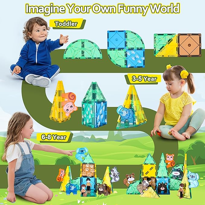 Magnetic Tiles Set, Magnet Blocks Building Toys, Safari Animals Magnetictile for Toddler 3-5, Assembly 3D Structure Jungle & Forest Theme, STEM Learning Toy for Kids Girls,Boys Age 3 4 5 6 7