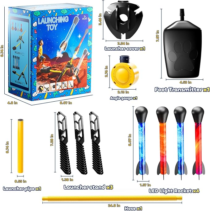 Rockets for Kids Age 4-8 with 4 LED Rockets and Launcher - Outdoor Toys for 4 5 6 7 8-12 Year Old Boy Birthday Gift, Air Powered Flying Toy Shooting Up to 100 Feet, Toys for Kids Ages 8-12