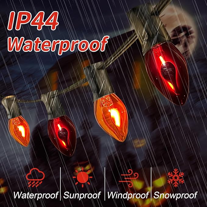 25Ft C7 Halloween Orange Purple String Lights Outdoor, Christmas Decorations Patio Light with 25 Orange/Purple Flickering Flame Lights Waterproof UL Listed for Outdoor Party Garden Bistro Roof Decor