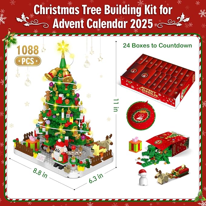 Advent Calendar 2025 Adult, 1088 Pieces Christmas Tree Building Kit with Led Light, 24 Days Christmas Countdown Christmas Tree Building Toy Set, Ideal Xmas Gift Toy for Teen Boy