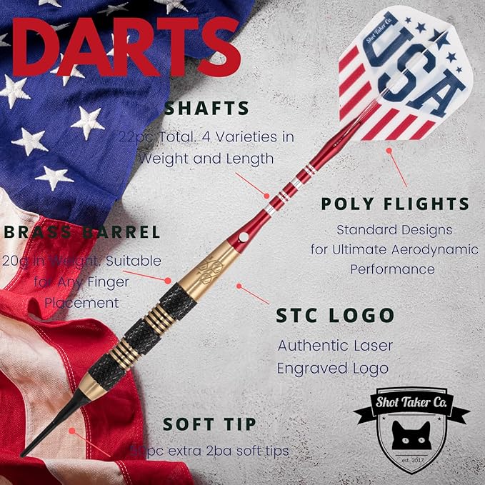 Soft Tip Darts Set - Professional Darts for Electronic Dartboard - Includes Brass Barrels + Plastic & Aluminum Shafts + Rubber O'Rings + Flights + 50PC 2BA Tips + Wrench