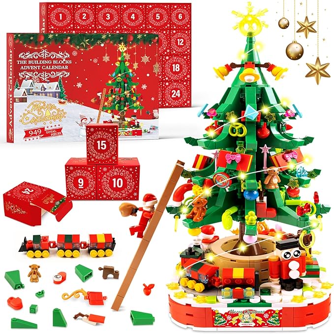 Advent Calendar 2025 Christmas Tree Building Blocks Set with Warm Light, Christmas Countdown Calendar, 24 Days Building Toys for Kids Creative Christmas Gifts for Kids Teens Adults