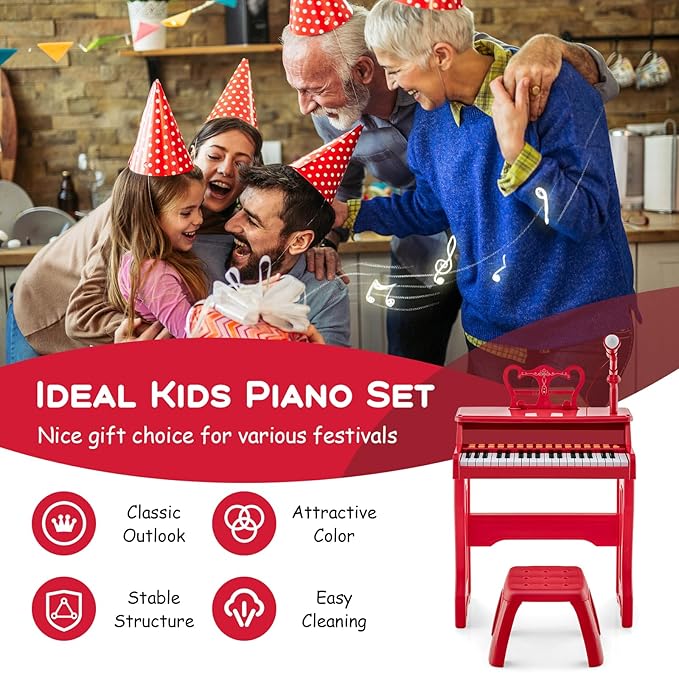 HONEY JOY Kids Piano, 37-Key Red Kids Keyboard Piano w/ Music Stand & Bench, Gift for Babies w/ Microphone, Portable Electronic Educational Musical Instrument, Toddler Piano for Girls Boys