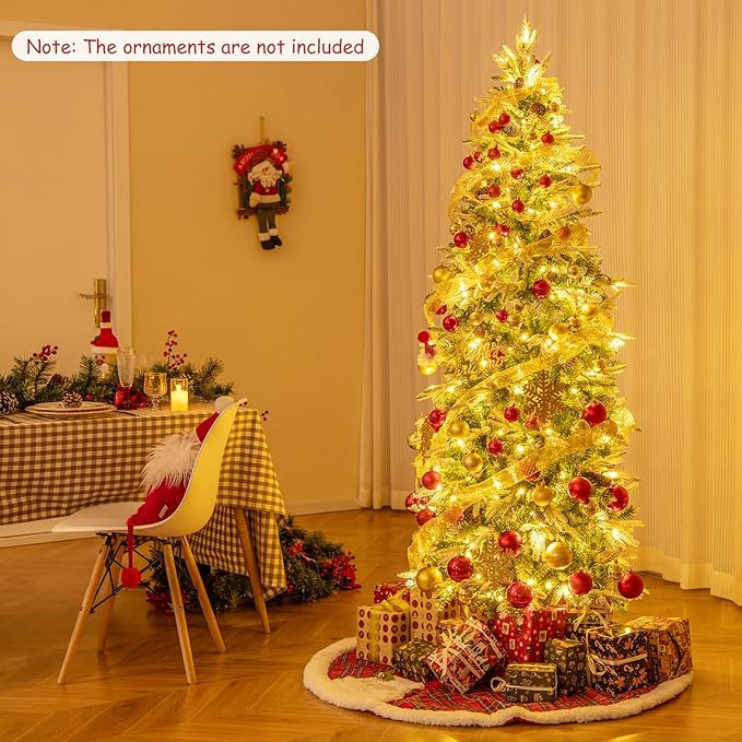 Goplus 6 FT Pre-Lit Pencil Christmas Tree, Artificial Snow Flocked Hinged Fake Slim Xmas Tree with 280 Warm-White LED Lights, 671 Branch Tips, 60 Pine Cones, for Office Home Decoration