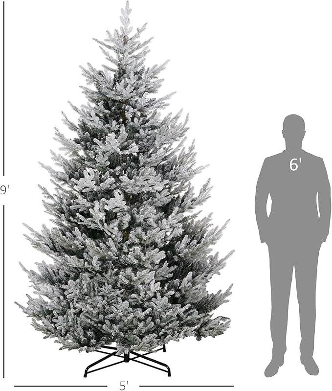 HOMCOM 9 Foot Artificial Christmas Tree, Pine Hinged Xmas Tree with 1939 Realistic Branches, Steel Base, Auto Open, Green with Snow-Flocked