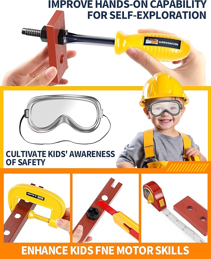 Deejoy Tool Set with Tool Box & Electronic Toy Drill, Pretend Play Kids Construction Kits for Kids Ages 3-5 Years Old, Toddler Boy Toys(Orange)