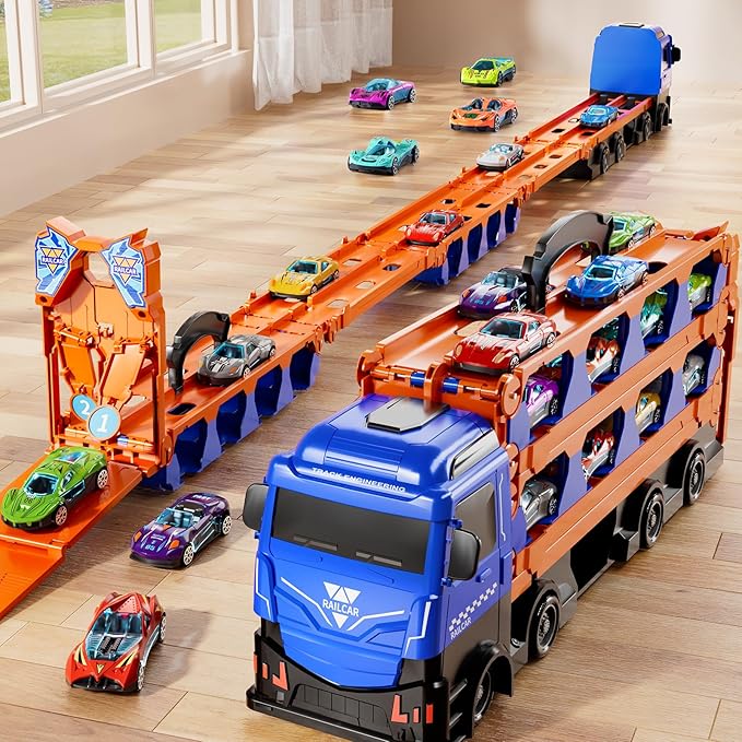 Carrier Truck Race Track Boys Toys, 78-Inch Toy Truck Transport Car Race Track & 12 Die-Cast Metal Toy Cars, Toddler Truck Car Toys Track Set Gifts for Age 3 4 5 6+ Years Old Kids Boys Girls