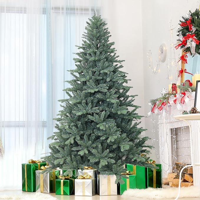 6 Ft Blue Spruce Artificial Christmas Tree, Hinged Unlit Xmas Trees with 1390 PE&PVC Mixed Branch Tips, Home Holiday School Decor with Foldable Base Easy Setup