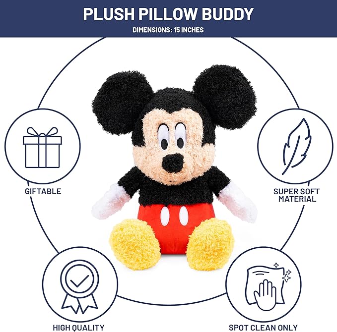 Jay Franco Disney Plush Pillow Buddy - Ultra-Soft Stuffed Character Plushie & Fuzzy Pillow, Official Licensed Product, Black - Mickey Mouse