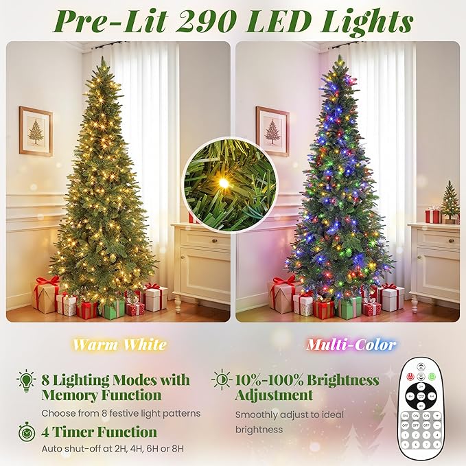 6.5ft Pre-lit Pencil Christmas Tree with Lights, 360° Rotating Stand Built-in Music, Remote Control, Slim Christmas Tree for Holiday Decor