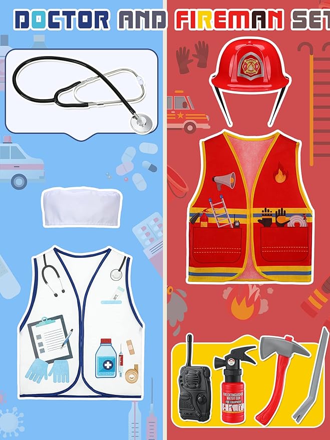 Hungdao 6 Sets Kids Dressing up Costumes, Toddler Dressing up and Pretend for Age 6-10 for Dress up Police,fireman, Doctor,construction Worker, Chef and Explorer