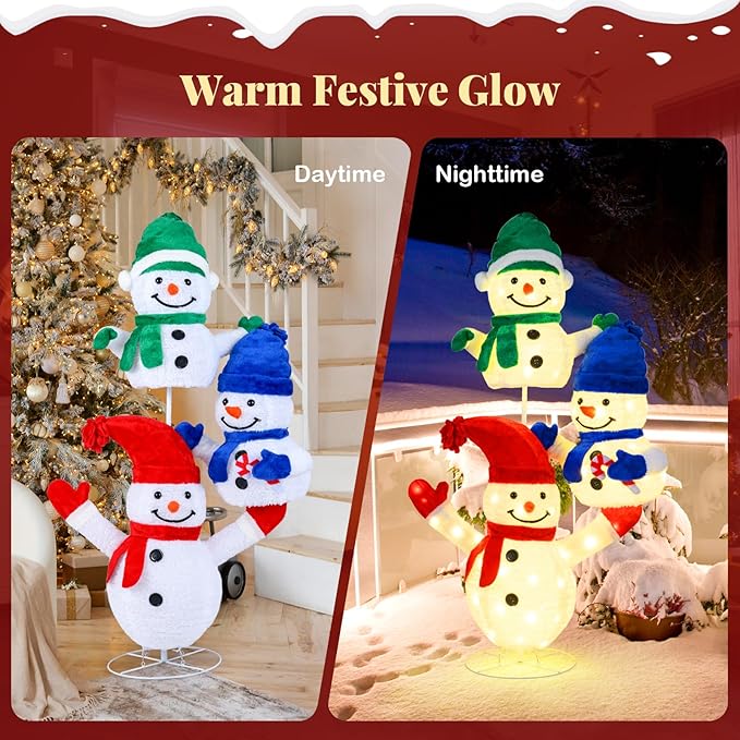 Tangkula 5 FT Christmas Lighted 3 Stacked Snowman Decoration, 3D Light-up Snowman with Ground Stakes & Zip Ties, Pre-Lit Xmas Holiday Snowman Decoration for Indoor Outdoor Home Yard