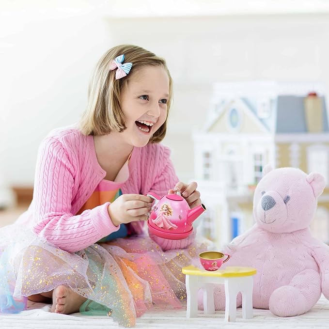 19-Piece Princess Tea Party Set for Girls, Pretend Play Tin Tea Set with Carrying Case, Kids Party Toys for 3-6 Year Olds