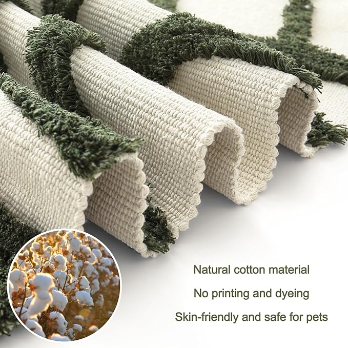 OJIA Washable 5'x8' Area Rugs, Green Tufted Sun Rug Living Room Rugs, Cotton Boho Bedroom Rug Farmhouse Nursery Rug Bohemian Floor Carpet for Playroom/Nursery/Classroom/Kids Room