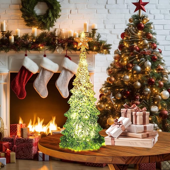 11 Inch Tabletop Christmas Tree with Sparkling Glitter - Battery Operated Acrylic Lighted Christmas Tree for Home Office Fireplace Christmas Holiday Decoration Festive Decor Gift, Warm White Glow
