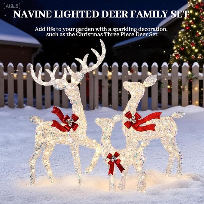 3-Piece Large Lighted Christmas Deer Family Set, 3D Reindeer Christmas Outdoor Decoration with 225 Warm White LED Lights, Ground Pegs, Cable Ties. Suitable for Patio Garden Party-Colorful
