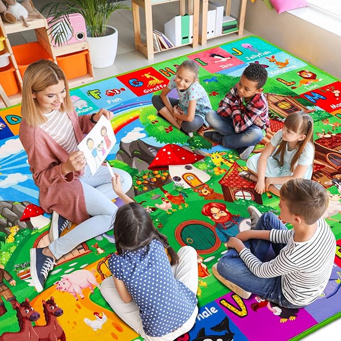 ABC Kids Rug for Playroom 59"×39.4" Hobbit House Educational Kids Playmat Alphabet Animal & Shape Learning, Premium Non-Slip Playmat for Toddlers Letters Farm Animals Color Classroom Carpet