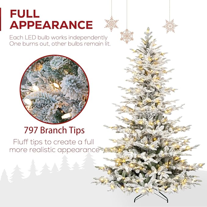 Hykolity 6ft Prelit Snow Flocked Aspen Fir Christmas Tree with 330 Clear LED Lights, Realistic 797 PE PVC Branch Tips, Foldable Metal Stand and Premium Hinged Branches