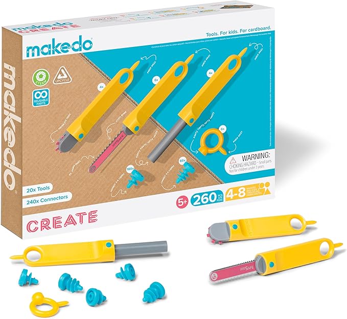 Makedo Create | Upcycled Cardboard Construction Tool Kit in Small Toolbox (260 Pieces) | STEM + STEAM Educational Toys for at Home Play + Classroom Learning | Reusable Tools for Boys and Girls Age 5+