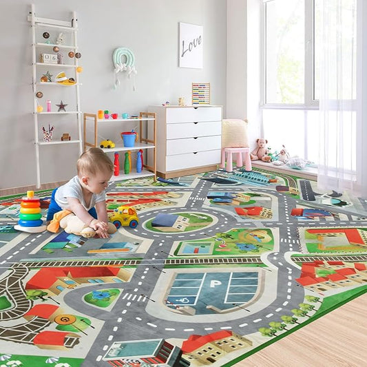 Large Kids Carpet Play Mat Rug for Playroom, 48'' x 71'’ Car Rugs Mat for Kids Toy Cars, City Life with Road Traffic Playmat Rugs Great for Kids Bedroom Play Room Boy Room Decor, Grey