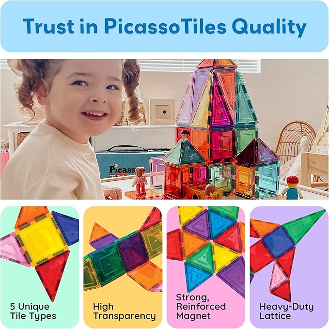 PicassoTiles 60 Piece Set 60pcs Magnet Building Tiles Clear Magnetic 3D Blocks Construction Playboards - Creativity Beyond Imagination, Inspirational, Recreational, Educational, Conventional