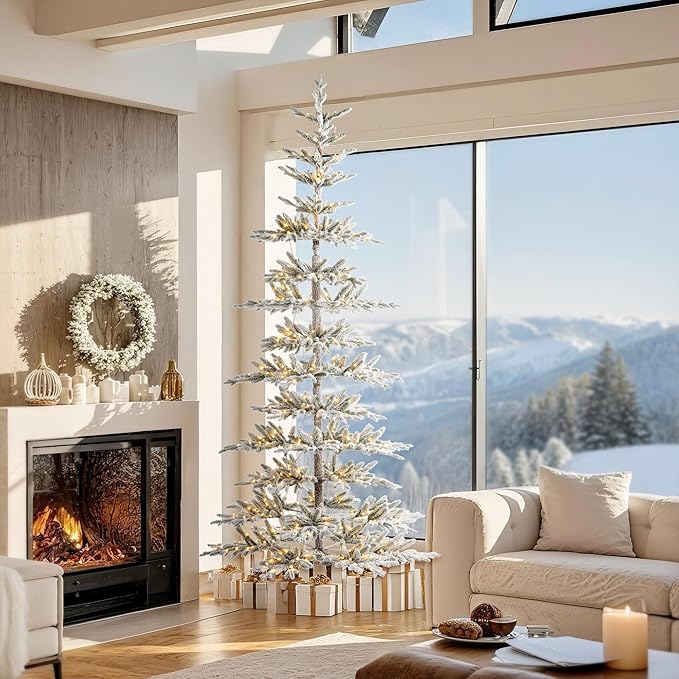 Glitzhome 9ft Flocked Christmas Tree, Deluxe Pre-Lit Artificial Christmas Tree, Large Xmas Serene Snowscape Fir Tree with 650 Warm White Lights and 1519 PE Tips for Holiday Home Party Decor