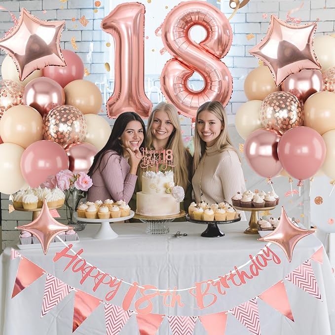 18th Birthday Decorations for Girls, Retro Pink Nude Number 18 Balloon Set Happy 18th Birthday Banner Cake Topper Dusty Pink Beige Rosegold Star Balloons for Boho 18 Year Old Bday Party Decor