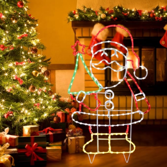 Outdoor Christmas Santa Decoration Christmas Lighted Santa Clause with Tree Neon Rope 204 LED Lights Decoration for Xmas Home Pathway Lawn Party Display