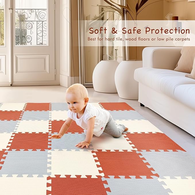 TCBunny Kids Soft EVA Foam Jigsaw Puzzle Play Mat, 36 Interlocking Tiles and Edges Baby Play Mat, for Kids Gym, Nursery, Playroom, Pet Mat, Total Floor Coverage 32 Sq Ft, Red/Grey/Beige