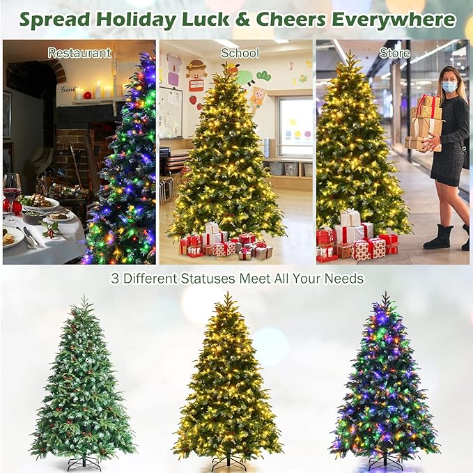 GOFLAME 7ft Pre-Lit Artificial Christmas Tree, Realistic Xmas Tree w/ 1315 Branch Tips, 450 Multi-Color LED Lights, 43 Pinecones & Red Berries, Pine Tree w/ 11 Flash Modes for Holiday Decoration