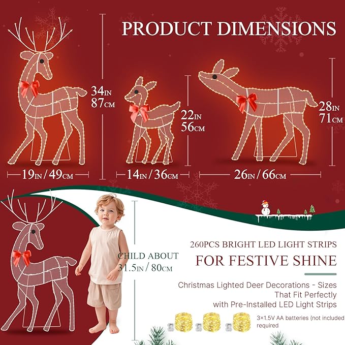 [3-Piece Reindeer Christmas Decorations Outdoor] 2D Lighted Deer Family with 260 LED Light. Durable Yard Lawn Holiday Decor, Outdoor Lighted Holiday Display for Yard Lawn Garden-White