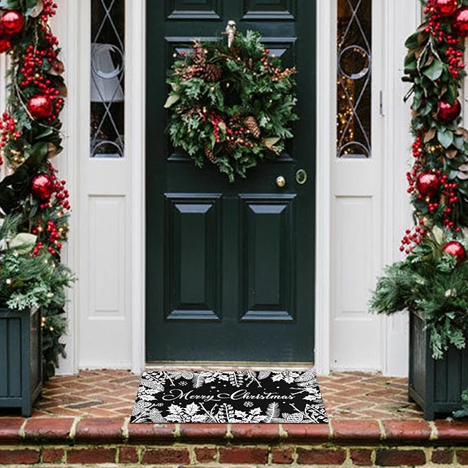 Black Christmas Doormat Outdoor Entrance Non-Slip Holly Pine Branches Pinecones Front Door Mat Merry Xmas Decor Washable Winter Welcome Doormat 17"x30" Christmas Decorations for Home Indoor Outdoor