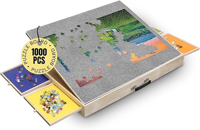 Puzzle Ready Tilting Puzzle Board with Drawers, Cover Mat & Felt Surface – 1000-Piece Wooden Jigsaw Table, 24"x 30", Portable - 3 Adjustable Puzzle Table Angles