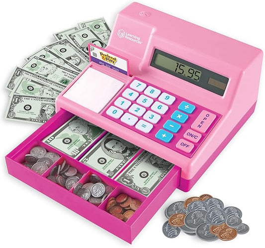 Learning Resources Pretend & Play Calculator Cash Register Pink - 73 Pieces, Ages 3+, Cash Register for Kids, Play Money for Kids, Toddlers Toys, Toy Register, for Kids