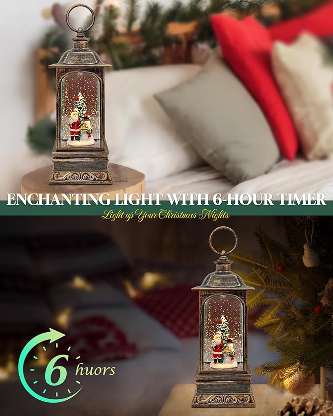 Musical Christmas Snow Globes Lantern, 11" Lighted Electric Snowglobes with 8 Holiday Songs, 6H Timer Dual Power, Santa & Snowman Christmas Ornaments Snow Globe for Kids Adults, Gifts for Men Women
