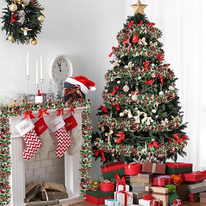 50 Feet Christmas Tinsel Twist Garland - Metallic Tree Hanging Decorations for Party Supplies (Red, Green and Silver)