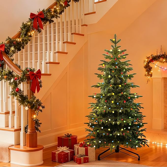 5Ft Prelit Artificial Christmas Tree, Lighted Aspen Fir Christmas Tree with Multicolor Globe Lights and Metal Stand, Slim PE & PVC Mixed Layered Xmas Tree for Holiday Home Decor