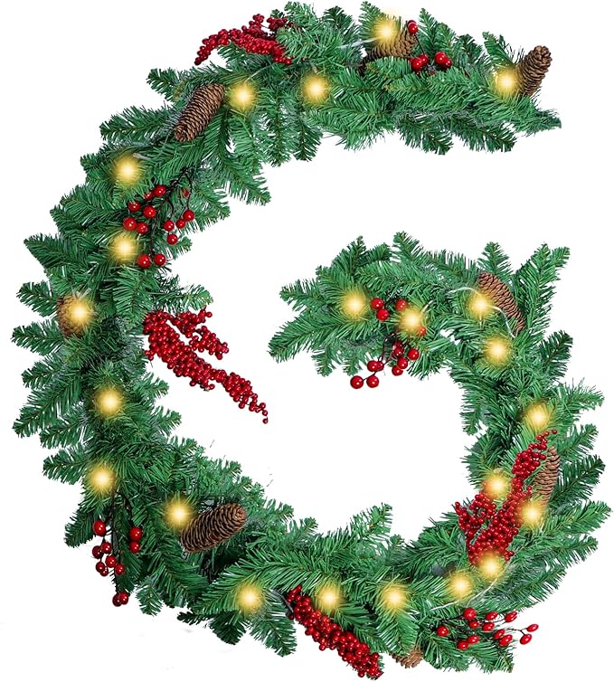 Christmas Garland Lighted Indoor Outdoor Decorations Artificial Christmas Garlands with Light Mantel Pine Cone Red Berries for Door Porch Holiday Party Outdoor Indoor Xmas Decor 6FT