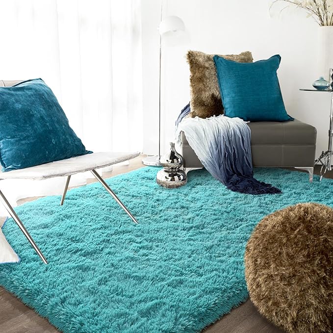 Ompaa Teal Blue 9x12 Area Rugs Large Fluffy Living Room Carpet for Bedroom Dorm, Non-Slip High Pile, Modern Big Shag Rug for Classroom Kids Playroom Nursery Home Office Decor