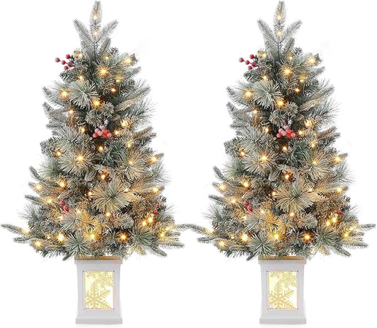 3FT Prelit Artificial Christmas Tree with Lights, 3 Foot Artificial Christmas Tree with Snowflake Base, 78 LED Prelit Christmas Tree, Battery Operated, Timer, Easy Assembly, Winter Holiday Decor
