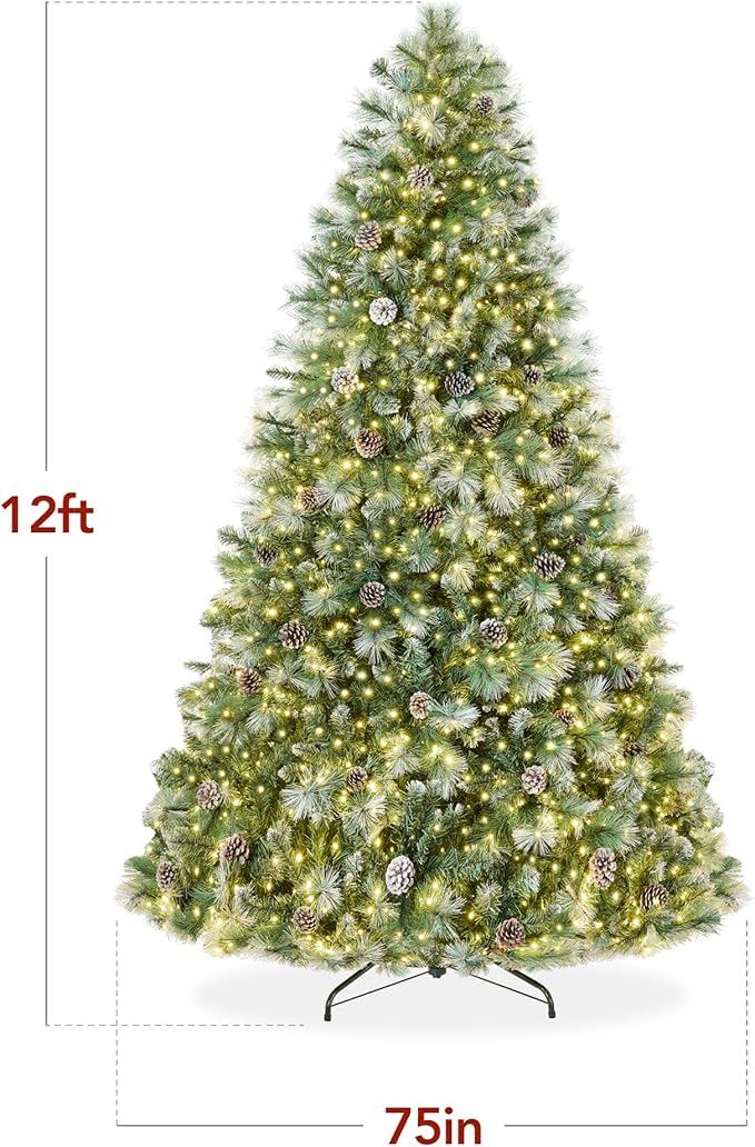 Best Choice Products 12ft Pre-Lit Scotch Pine Christmas Tree, Premium Frosted Pre-Decorated Artificial Holiday Decor w/ 3,630 Branch Tips, 2-in-1 White and Multicolor LED Lights, Cordless Setup