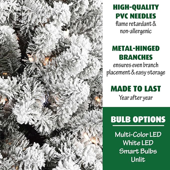 Fraser Hill Farm 7.5-Ft. Alaskan Pine Flocked Artificial Christmas Tree with White Incandescent Smart Lights and Stand, Prelit Foldable Fake Tree with Realistic Snowy Foliage for Home Decoration