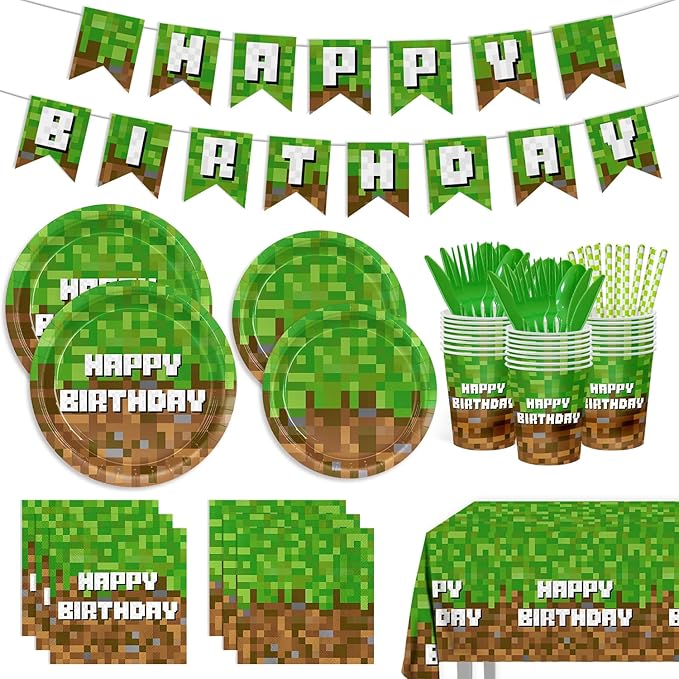 218pcs Green Birthday Party Decorations Plates Napkins Banner Tablecloth Disposable Paper Cups Straws Green Forks Party Supplies Tableware Set for Boys Kid Teen Birthday Decor Serves 24