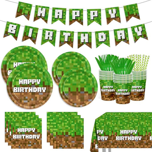 218pcs Green Birthday Party Decorations Plates Napkins Banner Tablecloth Disposable Paper Cups Straws Green Forks Party Supplies Tableware Set for Boys Kid Teen Birthday Decor Serves 24