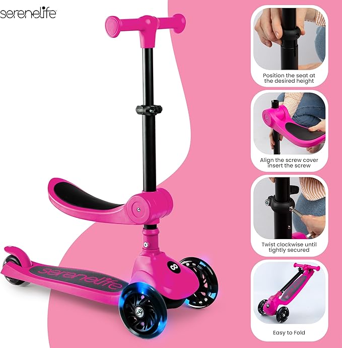 SereneLife 3 Wheel Foldable Kids Scooter - Foldable Seat, LED Wheel Lights, Adjustable Handlebar, Rear Foot Brake, Lean-to-Steer, Anti-Slip Deck, Ideal for Toddlers Kids 3+, up to 110Lbs