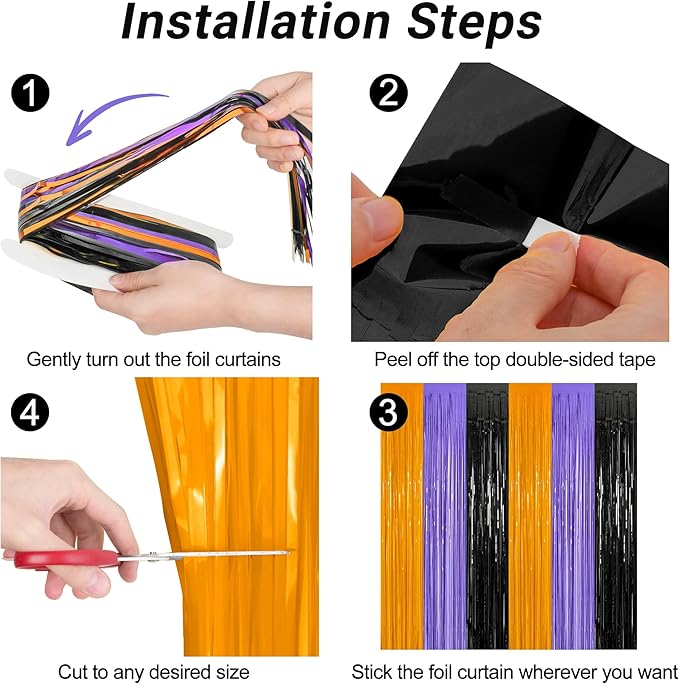 8 Pack Halloween Decorations Indoor, 3.28 FT x 7.05 FT Party Streamer, Orange Purple Black Streamer Backdrop Fringe Curtains Foil Tinsel, Halloween Party Supplies Hanging Halloween Decor