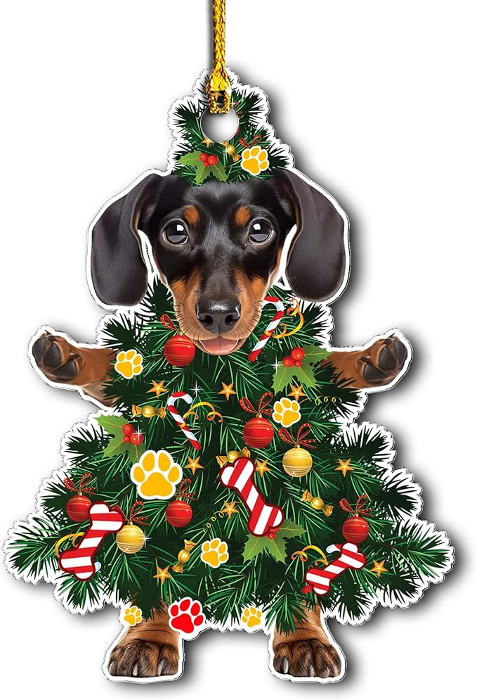2025 Black Dachshund Christmas Tree Ornament - Festive Holiday Acrylic Hanging Decoration with Adorable Dachshund Dog - Black Wiener Dog Christmas Tree Hanging Ornament