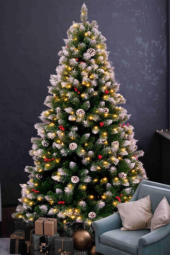 YULETIME 6.5ft Pre-Lit Christmas Tree, Snowy Artificial Holiday Decorative Tree with UL Listed 300 Warm White LED Christmas Lights, Pinecones, Red Berries (6.5' Snowy Warm White)