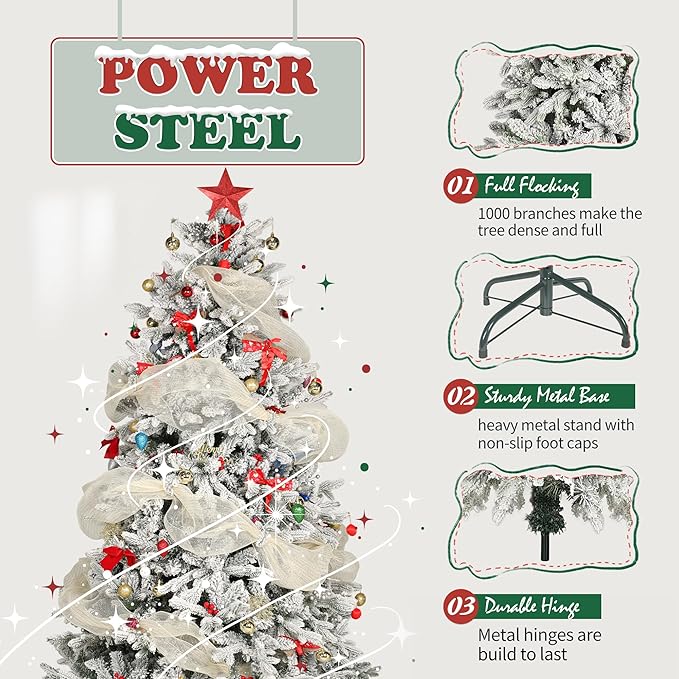 7FT Artificial Luxury Christmas Tree, Xmas Tree with 1300+ PE Branch Tips, Pine Cones & Metal Base, Snow-Flocked Hinged Tree for Home Office Party Festival Holiday Decor