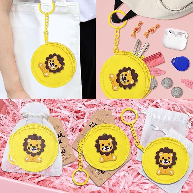 36 Pack Lion Change Purses Set Include 12 Lion Wallets with Keyrings, 12 Thank You Tags and 12 Organza Bags for Lion Jungle Safari Animals Baby Shower Wild ONE Party Supplies,Yellow